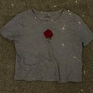 Girls-cropped-ish black and white striped rose stitch Tee